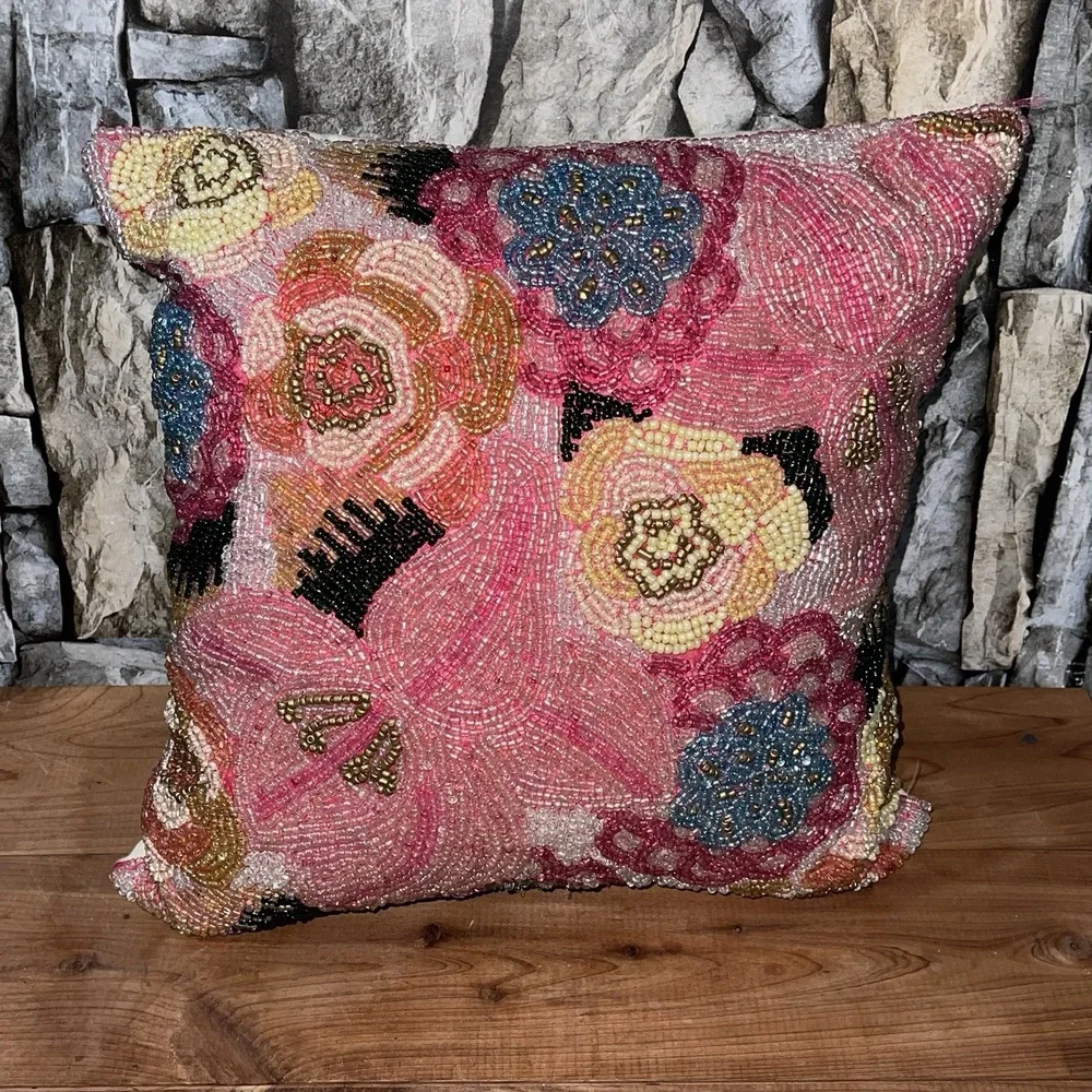Vintage Pier 1 Beaded Floral Accent Pillow Pink Yellow Boho Eclectic Decor 12x12